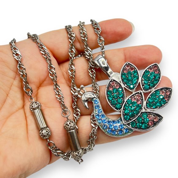 RMN Roman Signed HUGE Green/Blue/Pink Rhinestone PEACOCK Bird Pendant Necklace - Picture 6 of 10